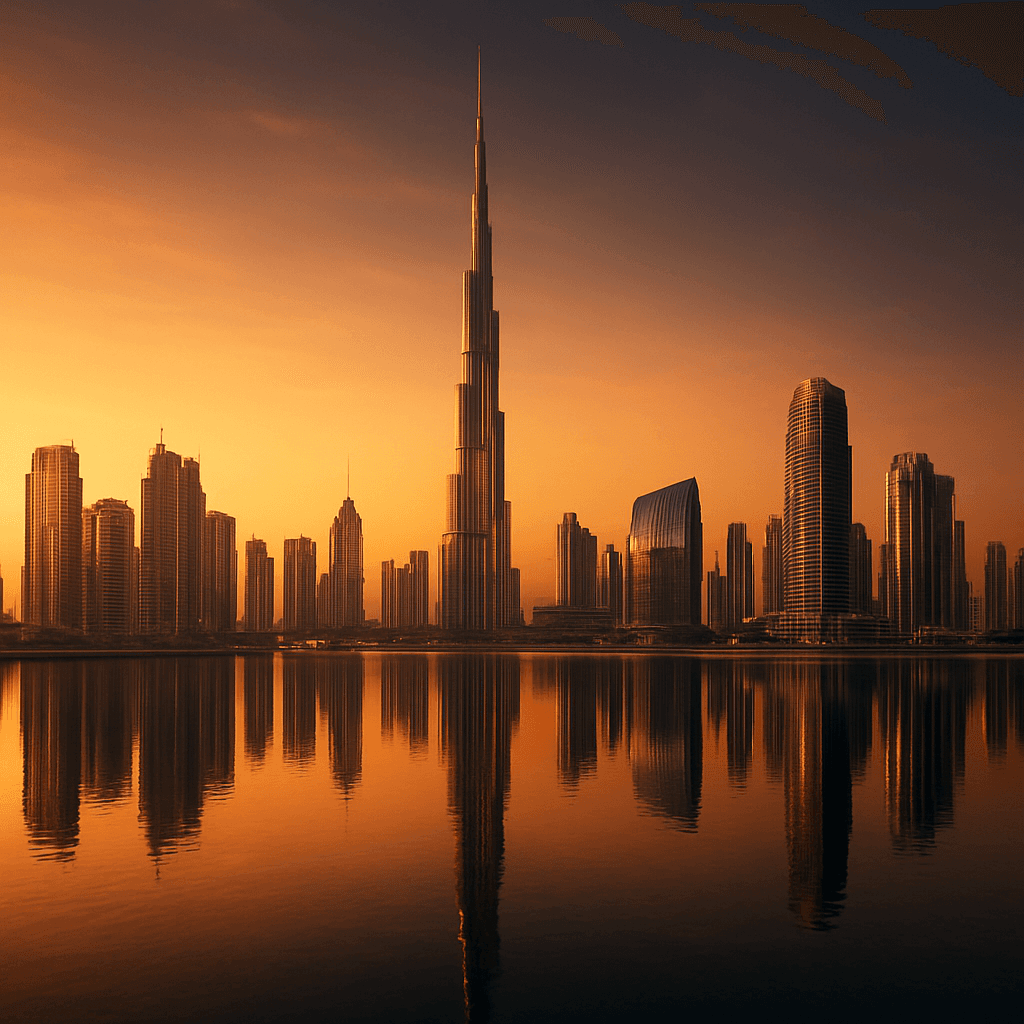 Dubai skyline at golden hour with the Burj Khalifa reflected in calm water